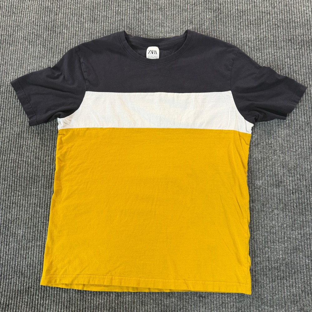 Zara Mens Colorblock T Shirt Size L Navy White Mustard Yellow Short Sleeve Tee